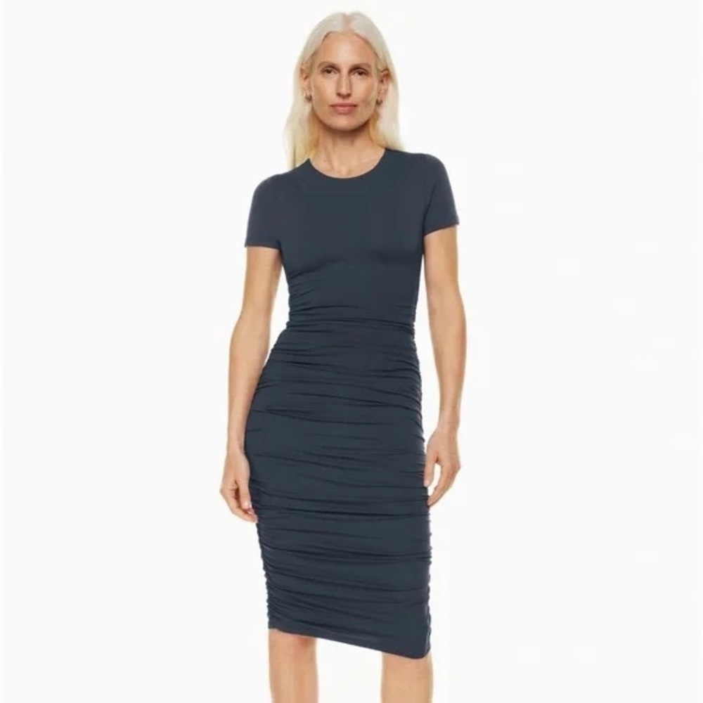 Aritzia Ruched Midi Dress in Dark Teal